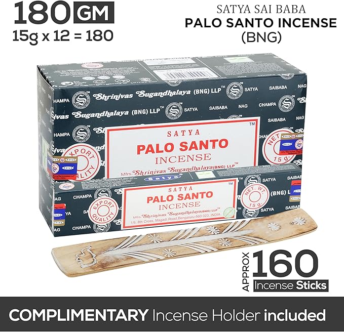 Satya Nag Champa Palo Santo Incense Sticks, Satya Bng (Bangalore) Insenses 15gmx12 Pack with Raajsee Incense Holder Bundle, Nag Champa Natural Incense - Bloomnest