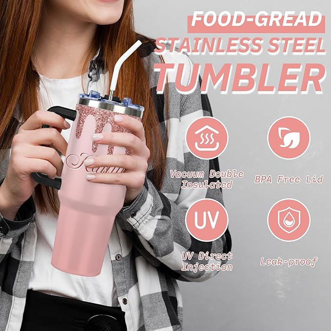 Personalized Glitter Tumbler with Handle and Straw Lid, Custom 40 Oz Cup with Name for Women, Customized Stainless Steel Travel Coffee Tumbler, Personalized Gifts for Birthday Christmas Anniversary - Bloomnest