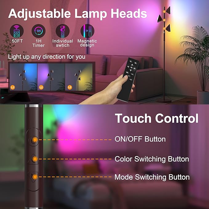 RGB Tree Floor Lamp for Living Room, Stepless Dimmable Tall Standing Lamp with Remote, Touch Control and 3 Rotatable Light, Bright LED Lights for Bedroom with 4 Color-Changing, Oil Rubbed Bronze - Bloomnest