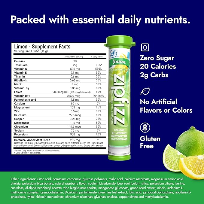 Zipfizz Daily Energy Drink Powder, Limon, 20 Pack | 3-in-1 Sustained Energy, Rapid Hydration, and Essential Vitamins | Sugar-Free | Electrolyte Powder | Contains Vitamin B-12 & Antioxidants - Bloomnest