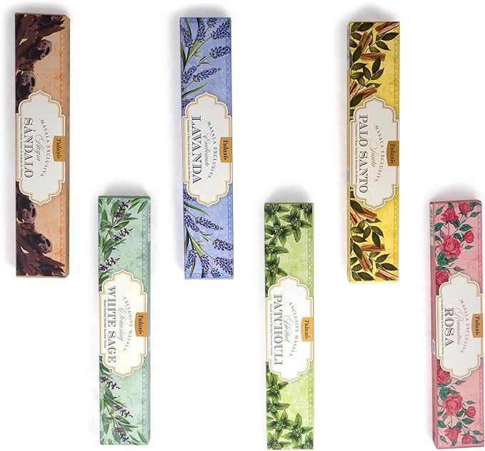 Tulasi Herbal Masala Incense Sticks Assorted/Variety Pack – 120 Hand Rolled Sticks, 6 Natural Scents | Sandalwood, Lavender, Patchouli, Palo Santo, White Sage | Aromatherapy Tulasi