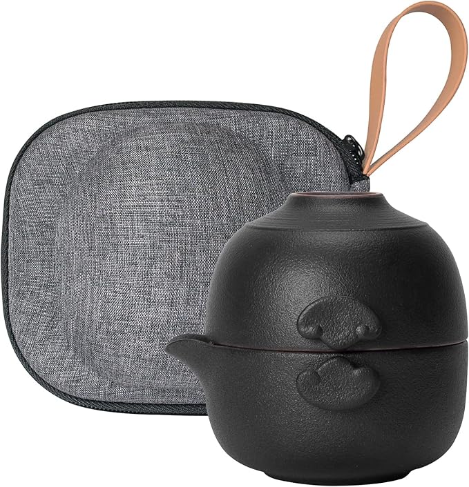 HEER Chinese Travel Gaiwan Tea Set for One, Ceramic Small Kungfu Teapot with Teacup for Adults, Black Japanese Style Tea Accessories Birthday Gift for Tea Lovers. - Bloomnest