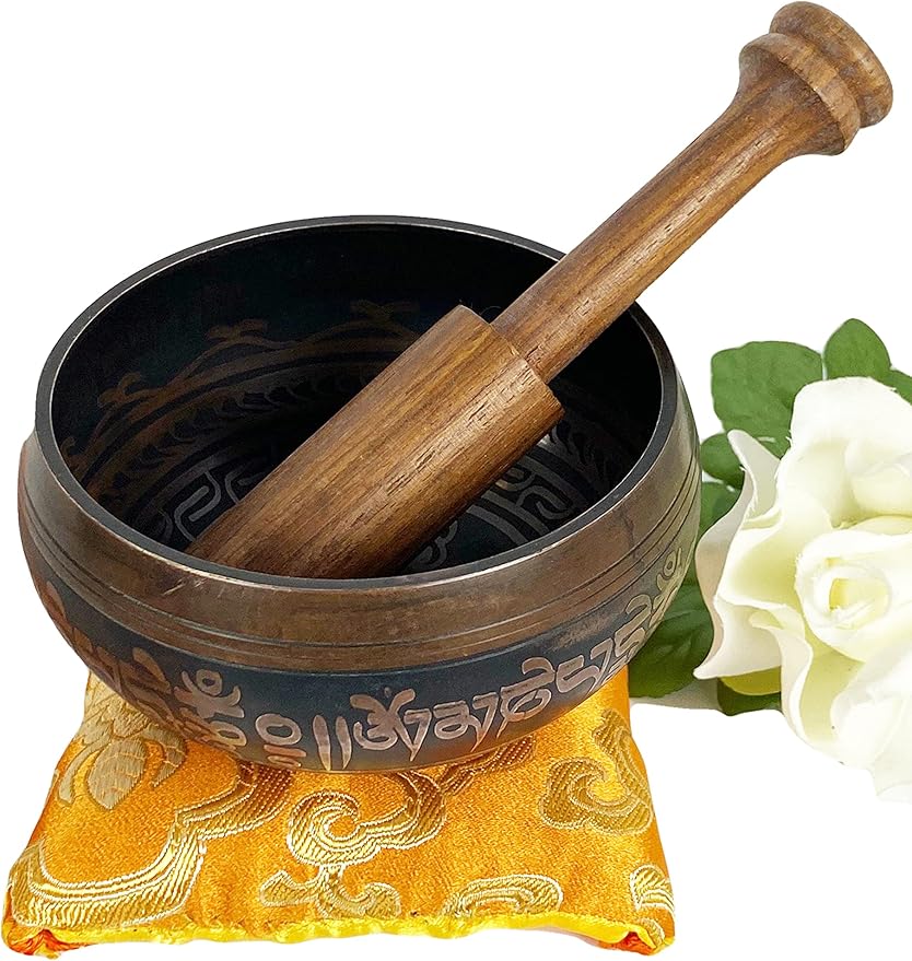 3003 SB 'D' Note Sacral Chakra Antique Tibetan Auspicious Symbol Bowl Set ~ Nepal - Bloomnest