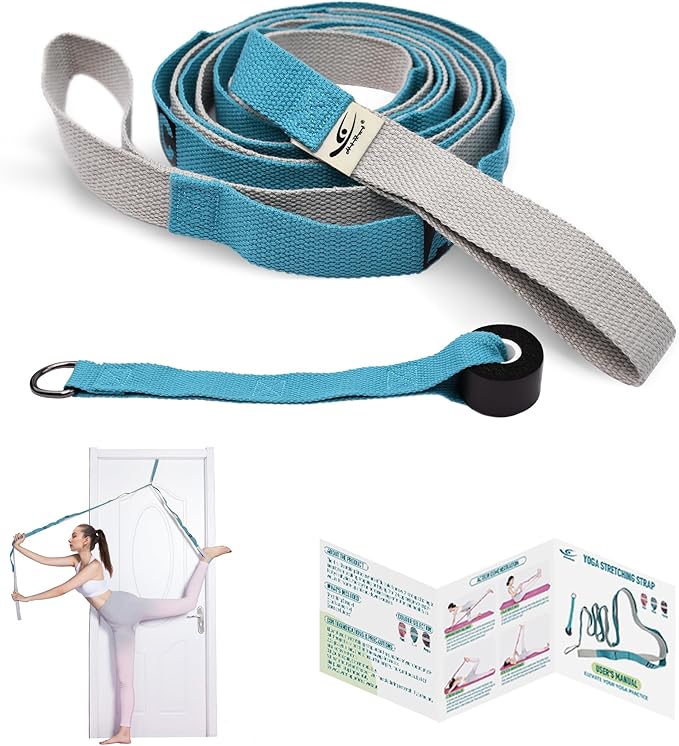HiRui Stretching Strap Yoga Strap with Door Anchor, 14-Loops Non-Elastic Stretch Straps for Physical Therapy, Pilates, Dance, Gymnastics | Stretch Band with Workout Guide for Women & Men - Bloomnest