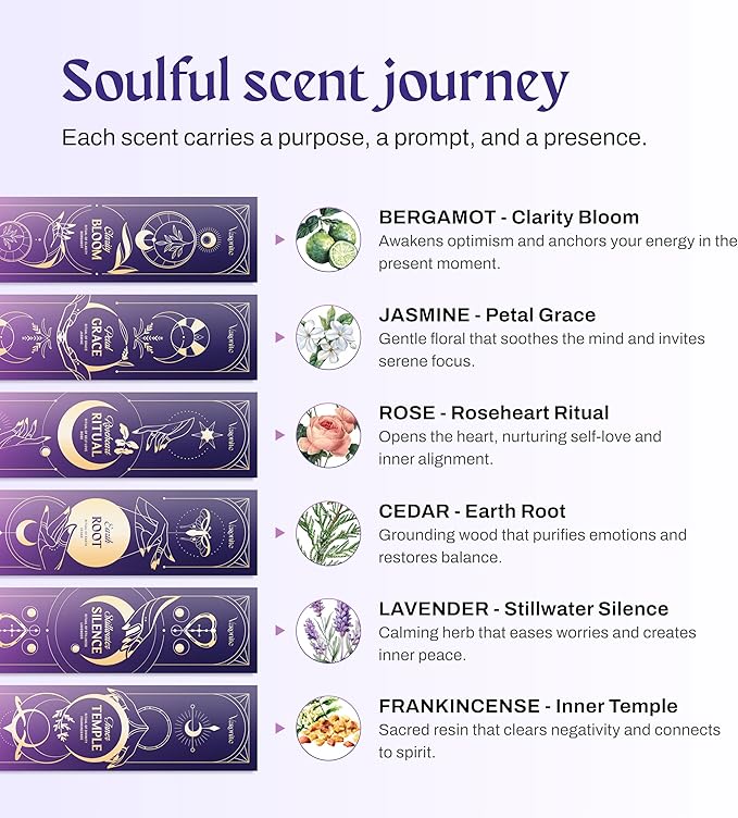 Lunar Soul Incense Sticks with Holder - Incense Stick Variety Pack of 6 (120 Insence-Sticks): Bergamot, Cedar, Jasmine, Lavender, Rose, Frankincense – Calm Mind, Meditation & Aromatherapy