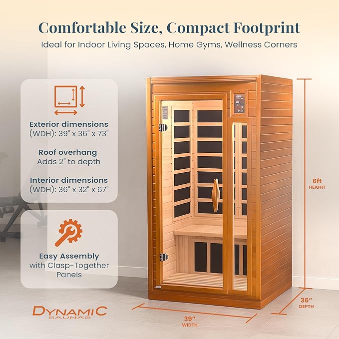 DYNAMIC SAUNAS Barcelona 1- to 2-Person Low EMF FAR Infrared Sauna with Red Light Therapy & Bluetooth Speakers | Personal Indoor Dry Heat Sauna for Home & Gym – Made from Canadian Hemlock DynamicSaunas