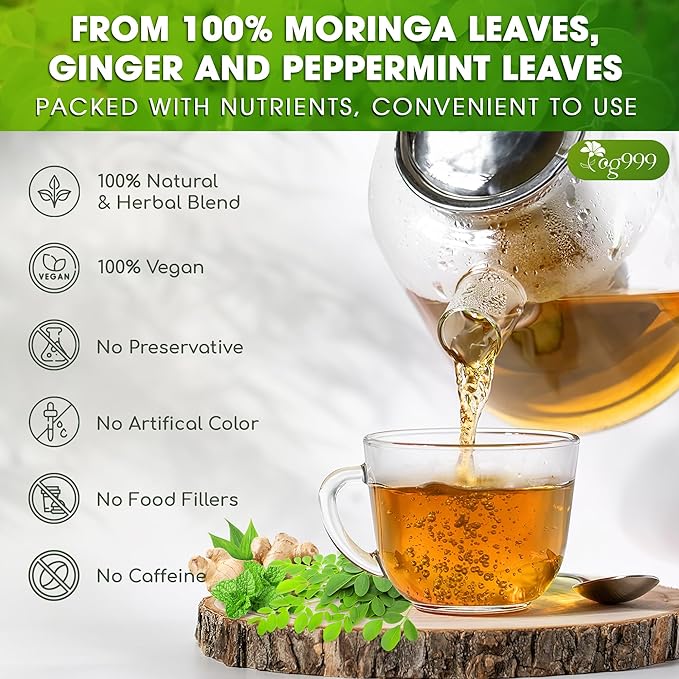 TOG999, Premium Moringa Ginger Peppermint Herbal Tea – 60 Tea Bags – Caffeine-Free, Plant-Based, Non-GMO, Naturally Refreshing Flavor, No Artificial Additives, No Sugar, No Gluten. Vegan - Bloomnest