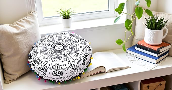 CRAFT KALA 22" Bohemian Floor Pillow Pouf Cover Mandala Boho Large Round Meditation Room Pillow Covers for Adults Seating Poufs Cushion Cover for Kids Playroom Black Zodiac - Bloomnest