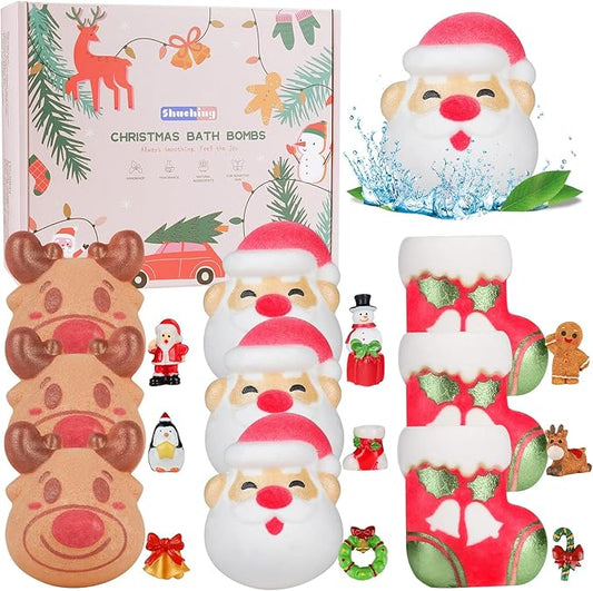 SHUCHING 9 XXL Christmas Bath Bombs with Surprise Inside, Natural and Organic Bubble Bath Fizzy Balls Gifts Set for Kids Boys Girls, Santa Claus and Reindeer Shaped - Bloomnest