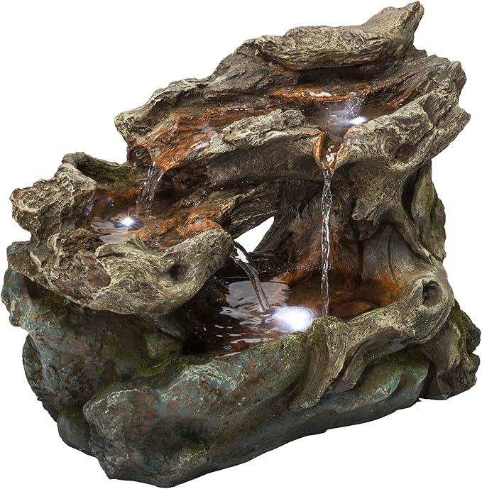 Alpine Corporation WIN1334 10" Tall Tabletop 3-Tier Waterfall Rock Fountain with LED Lights, Indoor Decorative Water Feature for Desk, Table, Office, and Home, Brown - Bloomnest