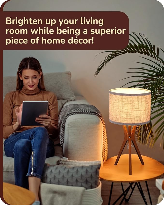 EDISHINE Mid Century Table Lamp, 17.5" Tripod Bedside Lamp with Deep Wood Color Light Base & Beige Linen Lampshade, Nightstand Lamp for Bedroom, Living Room, Reading Room, E26 Base - Bloomnest