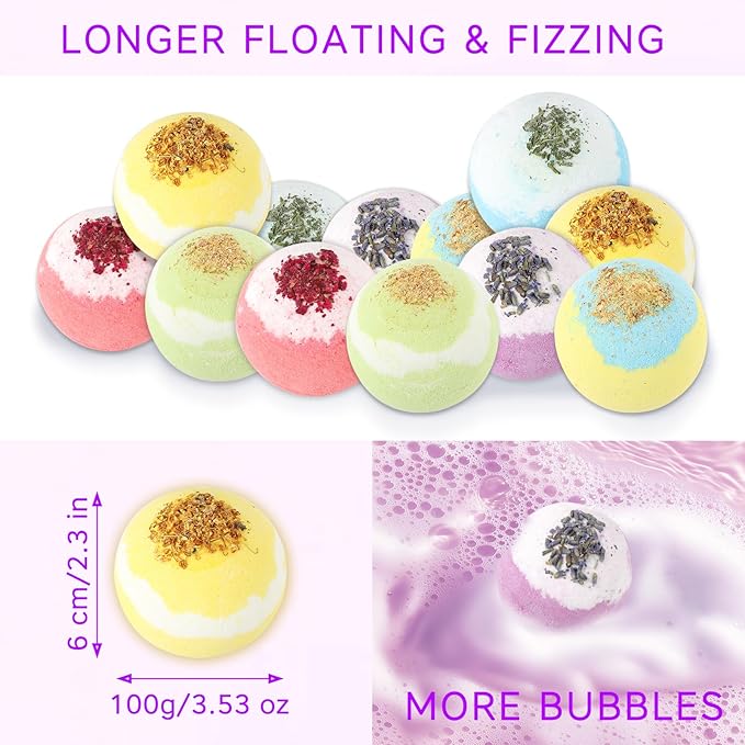 Bath Bombs for Women, USIN Natural Bubble Bath Balls Gift Set, Pack of 12 Pcs Multiple Bath Bomb, SPA Relaxing, Self Care, Gifts for Women, Men, Girls, Boys, Natural Flower Petals, 3.53 Oz Large Size - Bloomnest