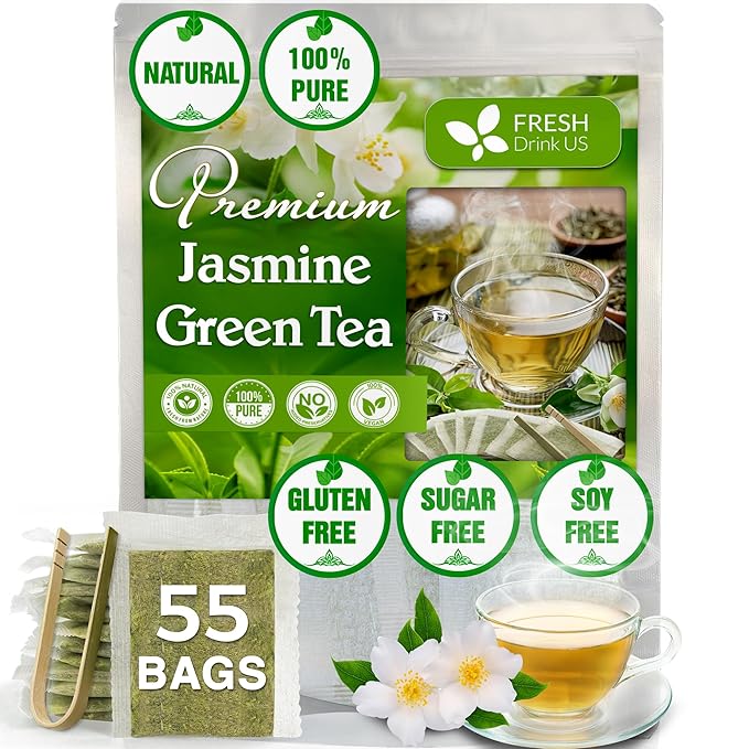 FreshDrinkUS, Premium 55 Jasmine Green Tea Bags, 100% Natural & Pure from Jasmine Green Tea. Jasmine Green Herbal Tea. Made with Natural Material Tea Bags. No Sugar, No Gluten, Vegan. - Bloomnest