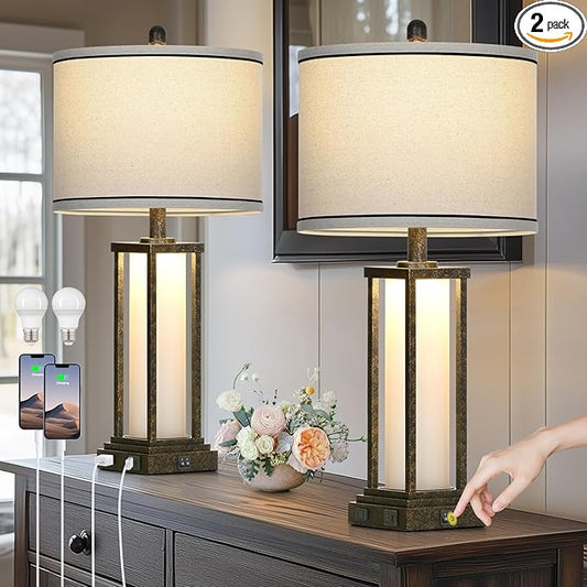27" Tall Vintage Table Lamp Set of 2 with USB C+A & Outlet,Bronze Industrial End Table Lamp for Living Room,Farmhouse Rustic Bedside Lamps with Frosted Glass Night Light for Bedroom Nightstand,Bronze - Bloomnest