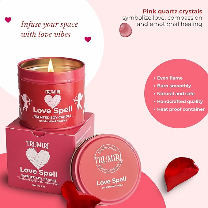 Love Spell - Scented Candles for Women & Men with Rose Petals and Crystals - 5oz Soy Clean Organic Non Toxic - Velas Aromáticas - Aromatherapy Spa Valentines Gift Home Décor Aesthetic Candel TRUMIRI
