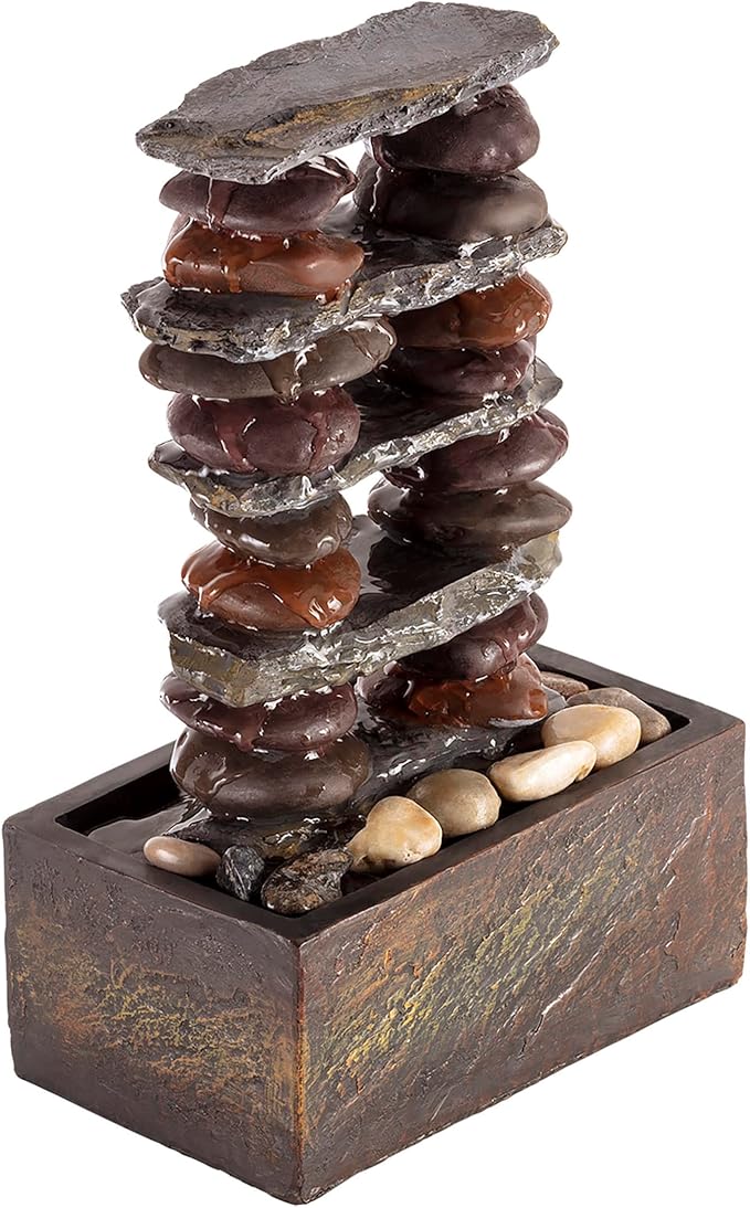 Alpine Corporation TT8002 Indoor/Outdoor Tabletop Stacked Rocks Eternity Fountain, Modern Rocks Tabletop Fountain 12", Brown - Bloomnest