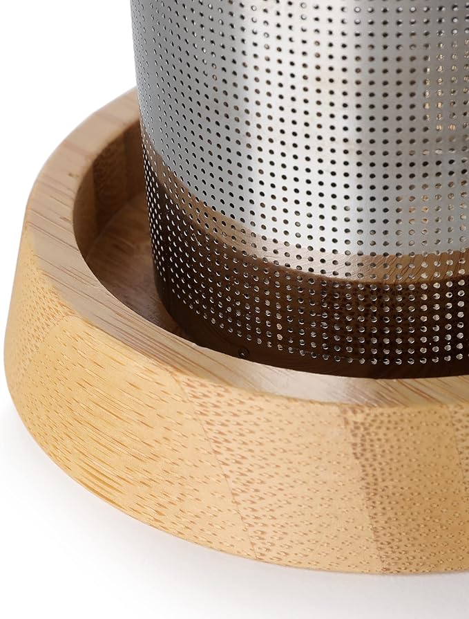 Viva Infusion Borosilicate Glass Tea Pot for Stovetop with Loose Leaf Tea Infuser Mesh - 34 ounce/1 Liter - Modern Teapot Features Bamboo Wood Lid, Tea Maker for Blooming