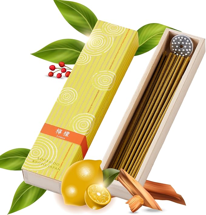 Hasegawa Hyakurakuko Premium Japanese Sandalwood Incense - Long Type, 40 Sticks with Aluminum Holder, 20-30 Min Burn Time, Made in Japan 線香 百楽香 (Lemon) %E3%81%AF%E3%81%9B%E3%81%8C%E3%82%8F%EF%BC%88Hasegawa%EF%BC%89