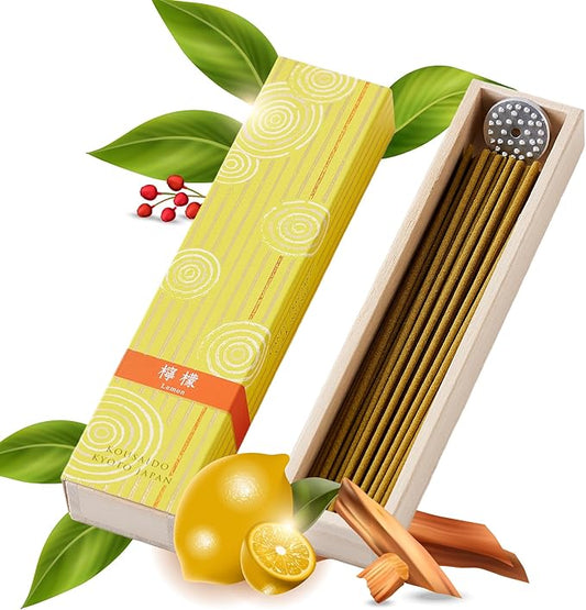 Hasegawa Hyakurakuko Premium Japanese Sandalwood Incense - Long Type, 40 Sticks with Aluminum Holder, 20-30 Min Burn Time, Made in Japan 線香 百楽香 (Lemon) %E3%81%AF%E3%81%9B%E3%81%8C%E3%82%8F%EF%BC%88Hasegawa%EF%BC%89