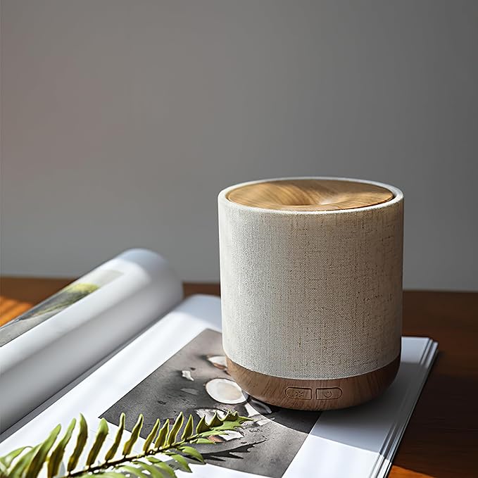 Essential Oil Diffuser 200ml with Fabric Cover and Night Lamp | Ultrasonic Aroma Diffuser | Humidifier w Lights | Room Decor | Small Humidifier for Bedroom | Gift (Light Brown) - Bloomnest