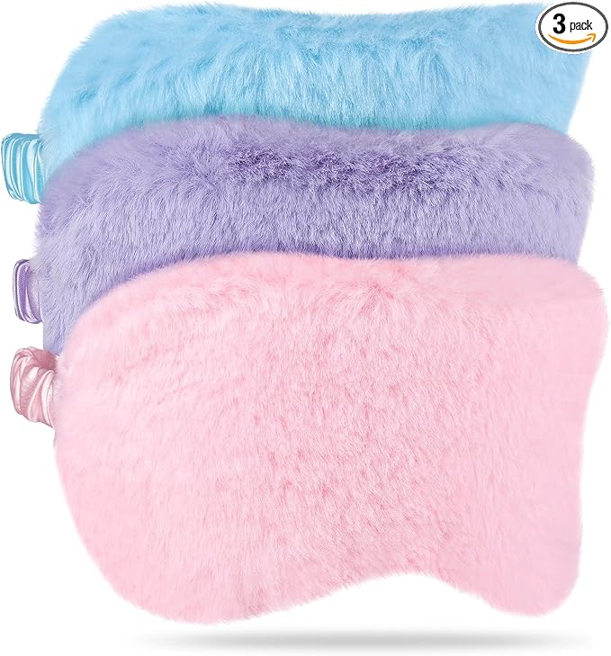Plush Eye Mask 3 Pcs Sleeping Blindfold - Comfortable Soft Furry Eye Cover for Sleepover Gift Birthday Party Favors (Pink, Purple, Sky Blue) - Bloomnest
