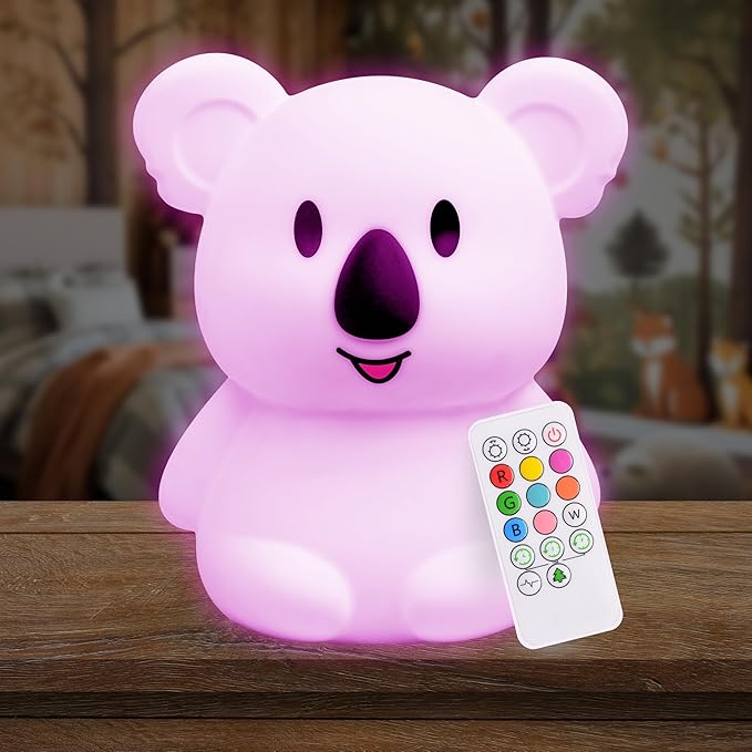 LumiPets Keith the Koala Squishy Night Light for Kids | Silicone Lamp with Tap & Remote Control | Rechargeable, 9 Color Changing Animal Night Light for Boys & Girls | Portable Nightlight With USB Cord - Bloomnest