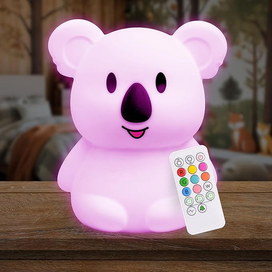 LumiPets Keith the Koala Squishy Night Light for Kids | Silicone Lamp with Tap & Remote Control | Rechargeable, 9 Color Changing Animal Night Light for Boys & Girls | Portable Nightlight With USB Cord - Bloomnest
