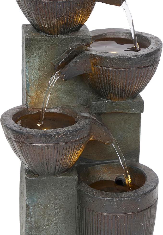 Alpine Corporation TZL416 14" Stoned Jar Water Fountain with Cascading LED Lights, Stylish Tabletop Water Feature for Home, Office, Living Room, Bedroom & Desk Decor, Gray - Bloomnest