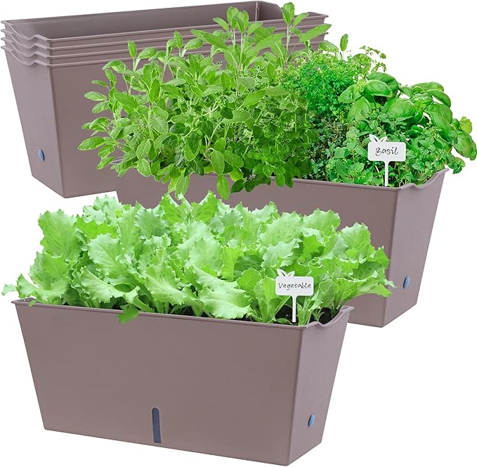 Window Box Planter 6 Pcs, 16.5 Inches Self Watering Rectangle Flower Plant Pots with Drainage Holes Trays, Vegetable Planters for Windowsill Patio Garden Balcony Porch Yard (Khaki) - Bloomnest