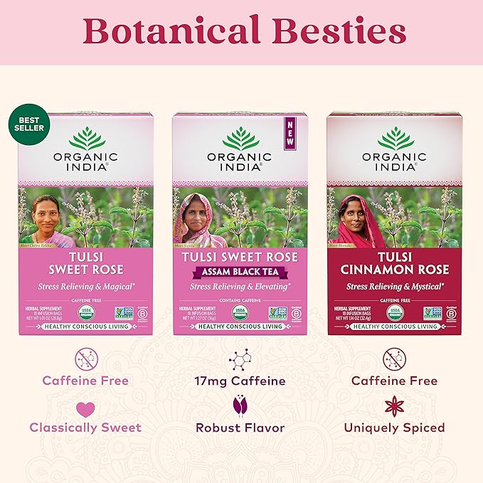 ORGANIC INDIA Tulsi Cinnamon Rose Tea Bags - Tulsi Rose Tea Bags, Cinnamon Tea Bags with Holy Basil, Chamomile, Stevia, USDA Certified Organic Caffeine Free Herbal Tea - 18 Infusion Bags, 6 Pack - Bloomnest