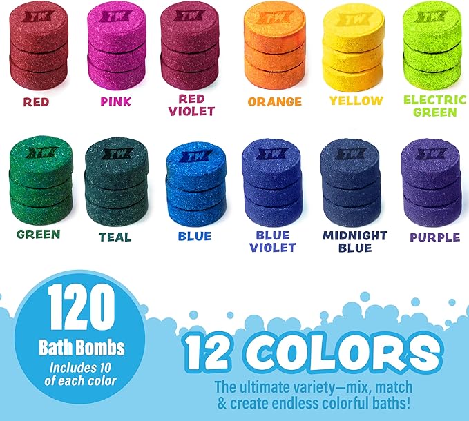 Tub Works® Bath Color Pops™ Moisturizing Kids Bath Bombs, 120 Count | Bath Bomb Refills for Bath Color Brush | Nontoxic & Fragrance-Free | 12 Unique Colors | Fizzy, Vibrant Water Color Tablets - Bloomnest