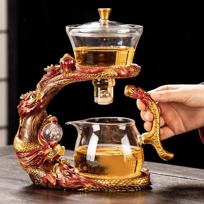 Glass Teapot Set with Infuser Semi Automatic Dragon Tea Set (Red golden teapot) - Bloomnest