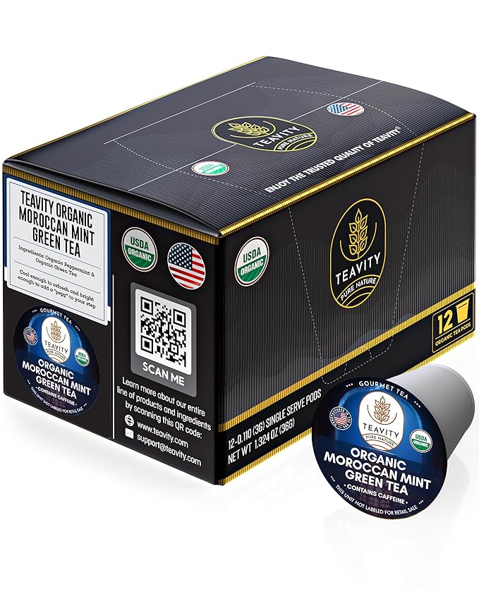 Organic Moroccan Mint Tea and Green Tea Pods for Keurig - Caffeinated Unsweet Tea for K Cup Brewing by Teavity (12 Tea Pods) - Bloomnest