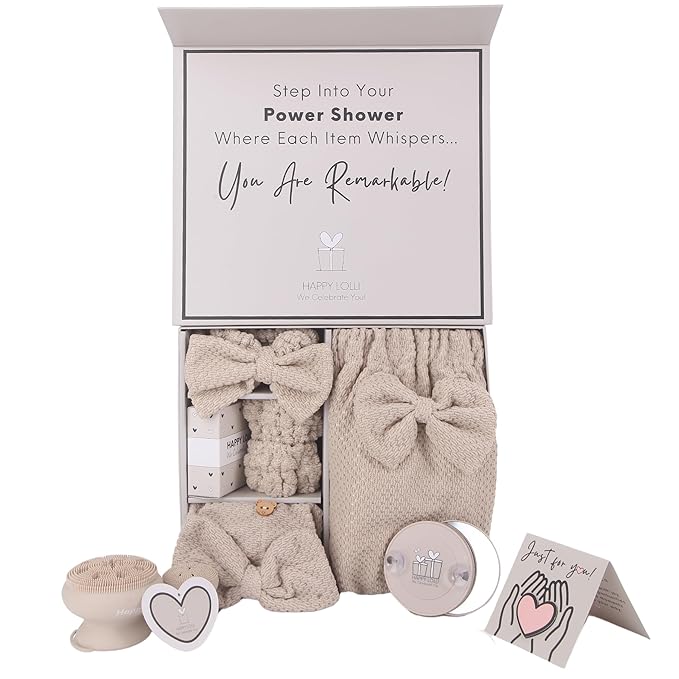 Happy Lolli Power Shower Gift Set – College Essential Bath Accessories for Women and Teen Girls – Includes Body Towel, Hair Towel, Wrist Bands, Headband, Face Sponge and More (Fresh in Beige)