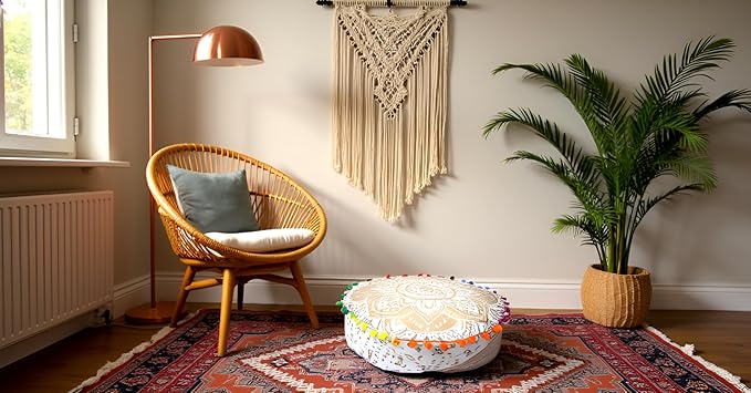 INDIAN CRAFT CASTLE ICC Mandala Barmeri Large Floor Pillow Cover Cushion Meditation Seating Ottoman Throw Cover Hippie Decorative Zipped Bohemian Pouf Ottoman Cases Golden, 16" Round - Bloomnest