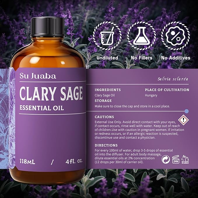 SU JUABA Clary Sage Oil Essential Oil 4 Fl Oz, 100% Pure Natural for Anxiety Relief, Skin, Hair,Diffuser, Aromatherapy -118ml Bloomnest