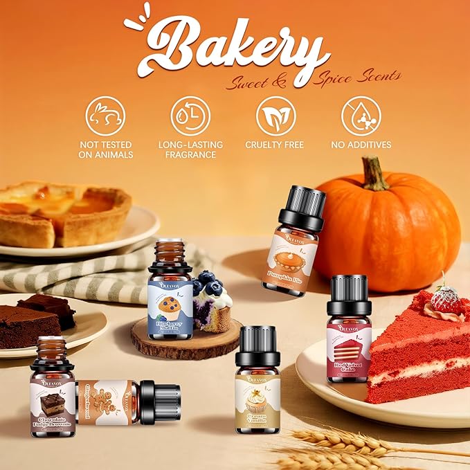 Bakery Essential Oils Set,Premium Fragrance Oil for Diffusers, Scents for Candle & Soap Making, Pumpkin Pie, Cream Vanilla, Gingerbread,Cinnamon Sugar Donut and Cake More 10x5ml,Aromatherapy Oils - Bloomnest