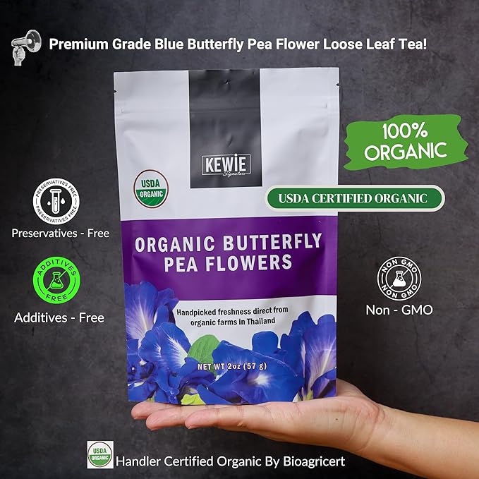 KEWIE Signature Butterfly Pea Flower Tea – 2oz Premium-Grade Blue Butterfly Pea Flower Organic Loose Leaf Tea – Caffeine-Free, USDA Organic – Natural Food Coloring – Vegan and Gluten-Free - Bloomnest