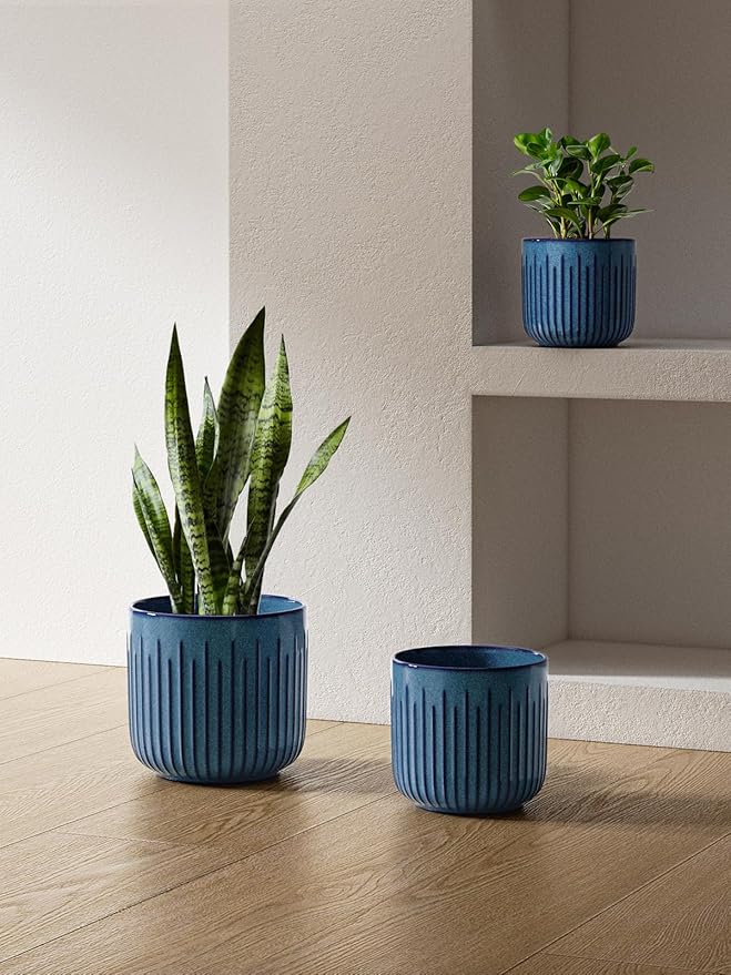LE TAUCI Fluted Ceramic Planters Set of 3 – 8.3/7 / 5.7 in Ocean Blue Reactive Cylinder Indoor Plant Pots with Drainage Plug & Mesh, Glossy Stoneware Flower Pots for Succulents Herbs - Bloomnest
