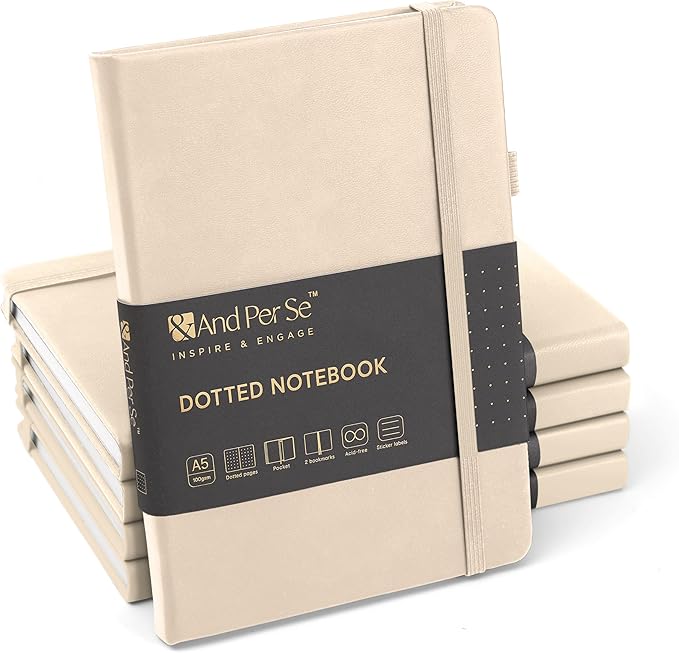 &And Per Se Dotted Journal Notebook (5 Packs), A5 Hardcover Leather Dotted Journal, 160 Pages 100 gsm Thick Paper, 3 Sheets of Stickers Included- 5.7'' x 8'' (Light Apricot - Bloomnest