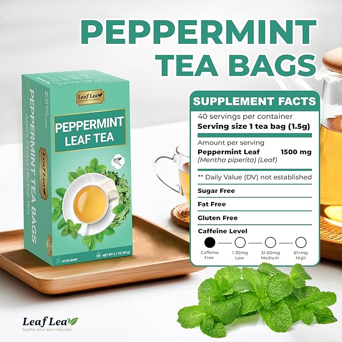 LeafLea 40 Peppermint Tea Bags, Natural Peppermint Leaf Herbal Tea with Cool Taste, Te De Menta for Gentle Digestive Support, Te De Hierba Buena, Caffeine-Free, Sugar-Free, Vegan, Individually Wrapped - Bloomnest