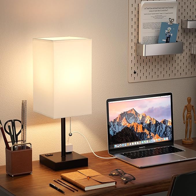 Plus Bedside Table Lamps Set of 2 - White Bedroom Lamps with 3 Colors, Square Nightstand Lamp with USB C + A Charging Ports and 2 AC Outlets, Pull Chain Night Light for End Table - Bloomnest