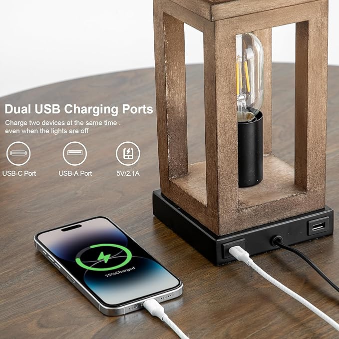 BOBOMOMO 23.75" Natural Wood Farmhouse Table Lamps Set of 2 – Retro Nightstand Lamps with 3 Way Dimmable Touch Control Night Light & USB A+C Ports, Rustic Lamps for Living Room, Bedroom, Entryway