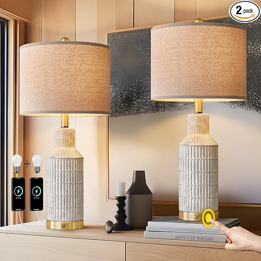 25" Modern 3-Way Dimmable Touch Control with USB A+C Ceramic Lamps Set of 2 Table Lamp for Living Room Bedroom Farmhouse Nightstand Bedside Lamps (White-Washed) - Bloomnest