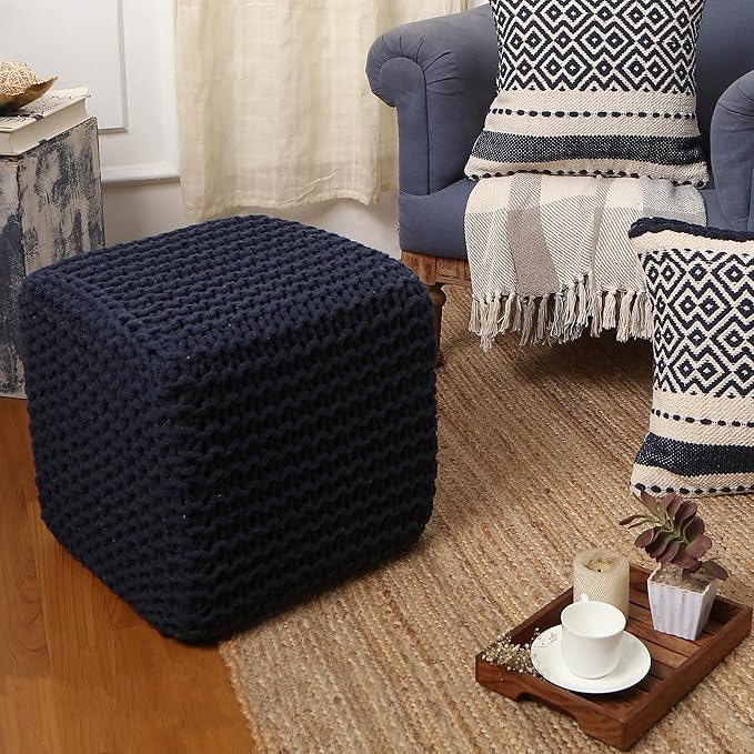 REDEARTH Square Hand Knitted Pouf - Foot Stool Ottoman Coffee Table - Cotton Cord Boho Pouffe - Poof Accent Footrest for Living Room - Bedroom - Library (16" x 16" x 16") - Navy Blue - Bloomnest