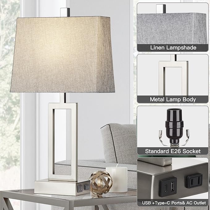 23.5" Touch Control Table Lamps, Metal Bedside Lamp for Bedroom Set of 2 with USB A+C Ports & AC Outlet, 3-Way Dimmable Nightstand Lamp for Living Room (LED Bulb Included) - Bloomnest