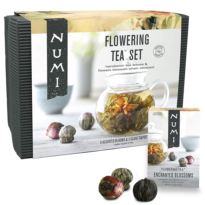 Numi Organic Tea Flowering Tea Gift Set, 6 Tea Blossoms with 16 Ounce Glass Teapot in Elegant Bamboo Case (Packaging May Vary) - Bloomnest