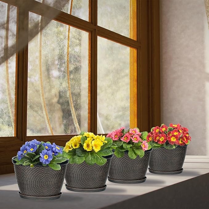 Quarut 4 Pack 6 Inch Flower Pots for Outdoor Indoor, Plastic Plant Pots with Drainage Hole & Saucer, Lightweight Small Flower Pot, Circle Pattern Planters for Garden House planters（Black Copper） - Bloomnest