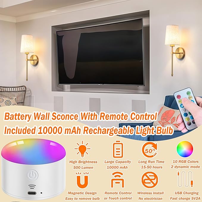 Battery Operated Wall Sconce Set Of Two with Remote Control, Indoor Not Hardwired Dimmable Battery Operated Wall Sconce Light Fixture with Fabric Linen Shade For Bedroom Living Room, Bulb Included ( C - Bloomnest