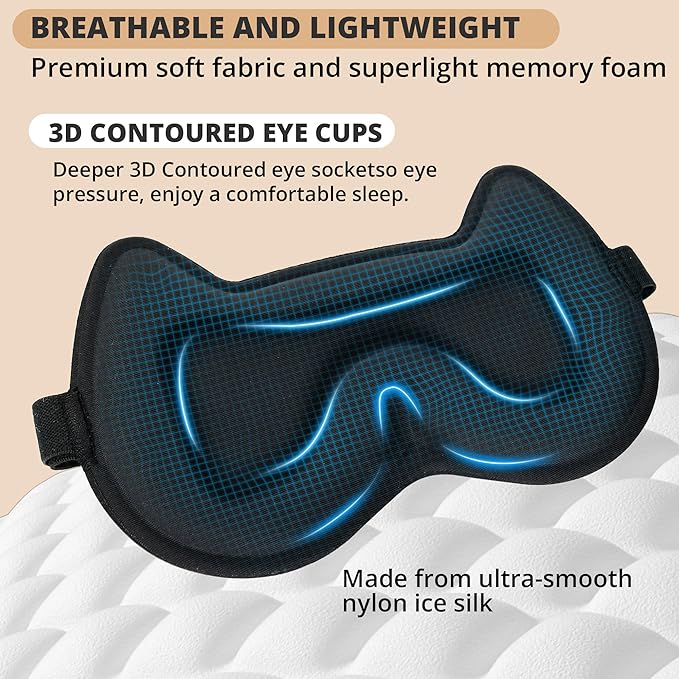 3D Kids Sleep Eye Mask: 3D Contoured Cup Sleeping Masks, Blindfold Sleep Eye Cover with Adjustable Strap, Memory Foam Lightweight Night Eyeshade for Boys Girls Teens (Black) - Bloomnest
